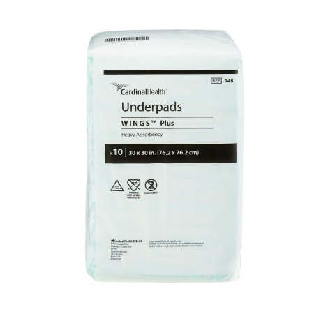 Cardinal Disposable Underpad Wings™ Plus 30 X 30 Inch Fluff / Polymer Heavy Absorbency - Bag of 10 - 948-BG