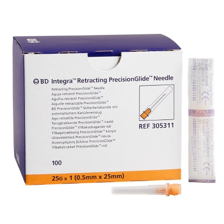 BD Safety Hypodermic Needle Integra™ 1 Inch Length 25 Gauge Regular Wall Retractable Safety Needle - Box of 100 - 305311-BX