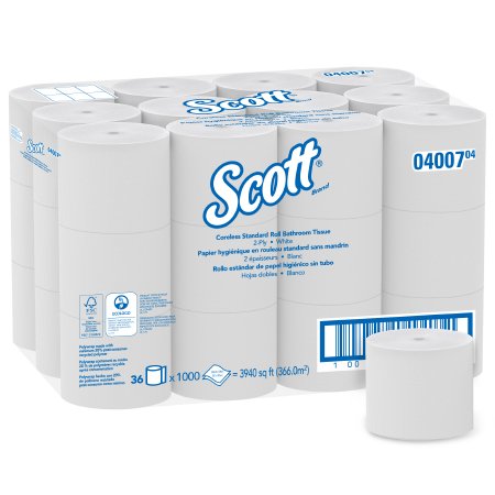 Kimberly Clark Toilet Tissue Scott® Essential White 2-Ply Standard Size Coreless Roll 1000 Sheets 3-9/10 X 4 Inch - Case of 36 - 04007-CS