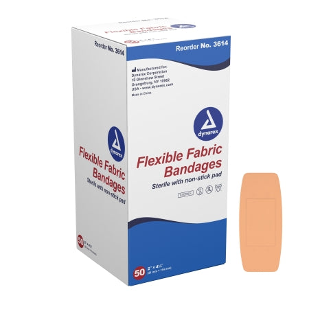 Dynarex Adhesive Strip Dynarex® 2 X 4-1/2 Inch Fabric Rectangle Tan Sterile - Box of 50 - 3614-BX