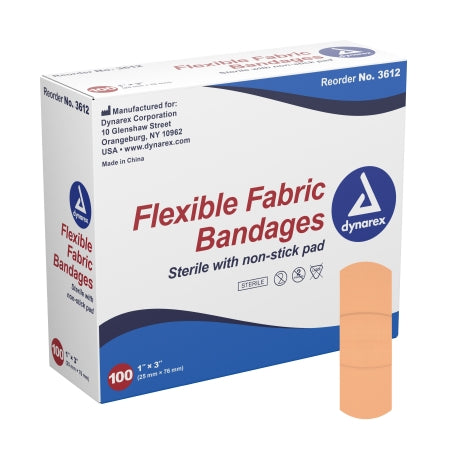 Dynarex Adhesive Strip Dynarex® 1 X 3 Inch Fabric Rectangle Tan Sterile - Box of 100 - 3612-BX