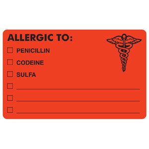 Tabbies Pre-Printed Label Allergy Alert Red Allergic To: / Penicillin / Codeine / Sulfa / _________ / _________/ _________ Black Alert Label 2-1/2 X 4 Inch - Roll of 1 - MAP488-RL