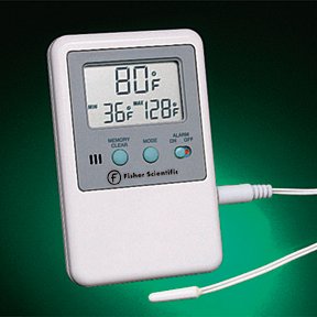 Fisher Scientific Digital Thermometer with Alarm Fisherbrand™ Traceable® Fahrenheit / Celsius -58Â° to +158Â°F (-50Â° to +70Â°C) Short External Sensor Multiple Mounting Options Battery Operated - Each - 15-077-8D-EA