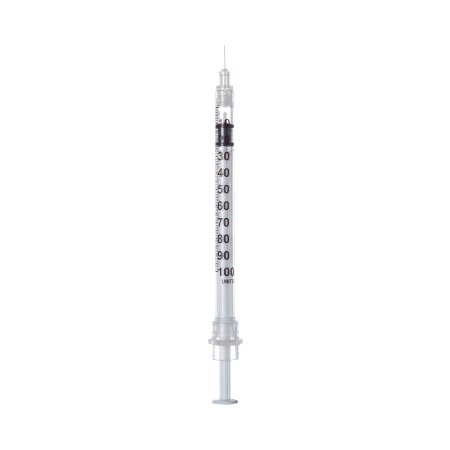 Sol-Millennium Medical Safety Insulin Syringe with Needle Sol-Care™ 1 mL 1/2 Inch 29 Gauge Retractable Safety Needle Regular Wall - Box of 100 - 100017IM-BX