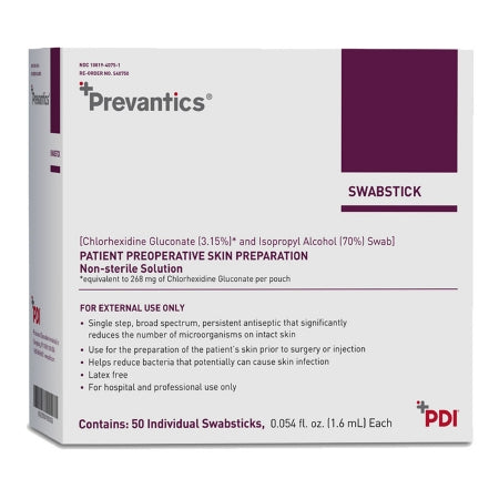 Professional Disposables Impregnated Swabstick Prevantics® 3.15% / 70% Strength CHG (Chlorhexidine Gluconate) / Isopropyl Alcohol Individual Packet NonSterile - Box of 50 - S40750-BX