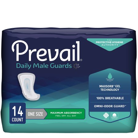 First Quality Bladder Control Pad Prevail® Daily Male Guards 12-1/2 Inch Length Heavy Absorbency Polymer Core One Size Fits Most - Pack of 14 - PV-811-PK