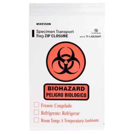 McKesson Specimen Transport Bag with Document Pouch McKesson 6 X 9 Inch Zip Closure Biohazard Symbol / Storage Instructions NonSterile - Each - 79-LAB20609-EA