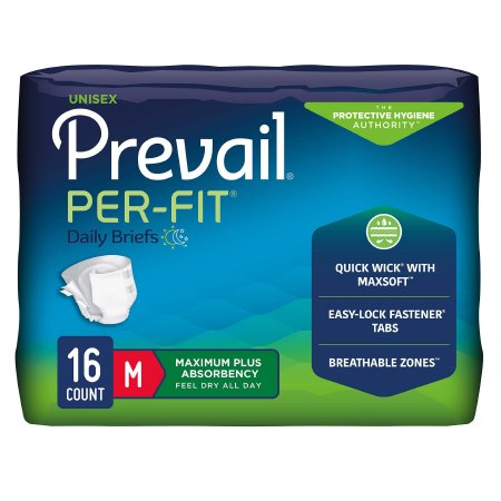 First Quality Unisex Adult Incontinence Brief Prevail® Per-Fit® Medium Disposable Heavy Absorbency - Pack of 16 - PF-012/1-PK