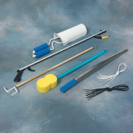 Patterson Medical Supply ADL Hip / Knee Equipment Kit SammonsPreston® Reacher - 26 Inch Length / Shoehorn - 24 Inch Length / Dressing Stick - 26 Inch Length / Handled Bath Sponge - 22-1/2 Inch Length / Shoelaces - 26 Inch Length - Each - 55758701-EA