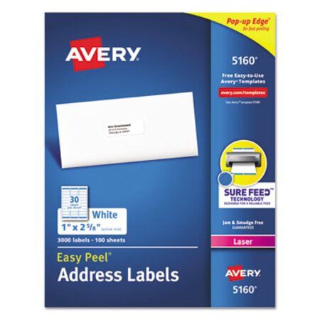 Avery® Easy Peel White Address Labels w/ Sure Feed Technology, Laser Printers, 1 x 2.63, White, 30/Sheet, 100 Sheets/Box - Box of 1 - AVE-5160-BX