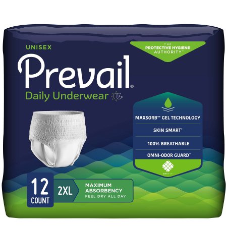 First Quality Unisex Adult Absorbent Underwear Prevail® Daily Underwear Pull On with Tear Away Seams 2X-Large Disposable Moderate Absorbency - Pack of 12 - PV-517-PK