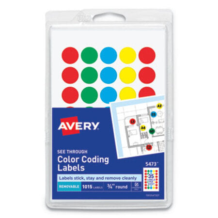 Avery® Handwrite-Only Self-Adhesive "See Through" Removable Round Color Dots, 0.75" dia, Assorted, 35/Sheet, 29 Sheets/Pack, (5473) - Pack of 1 - AVE-05473-PK