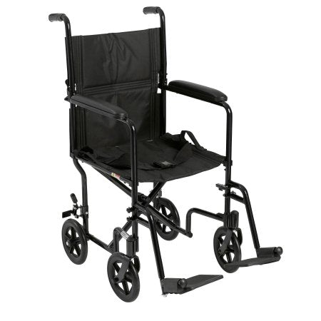 Drive Medical Lightweight Transport Chair Aluminum Frame with Black Finish 300 lbs. Weight Capacity Fixed Height / Padded Arm Black Upholstery - Each - ATC19-BK-EA