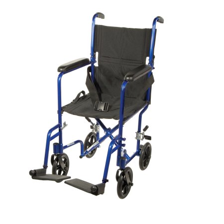 Drive Medical Lightweight Transport Chair Aluminum Frame with Blue Finish 300 lbs. Weight Capacity Fixed Height / Padded Arm Black Upholstery - Each - ATC17-BL-EA