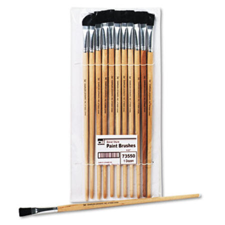 Charles Leonard® Long Handle Easel Brush, Size 12, Natural Bristle, Flat Profile, 12/Pack - DZ/1 - LEO-73550-DZ