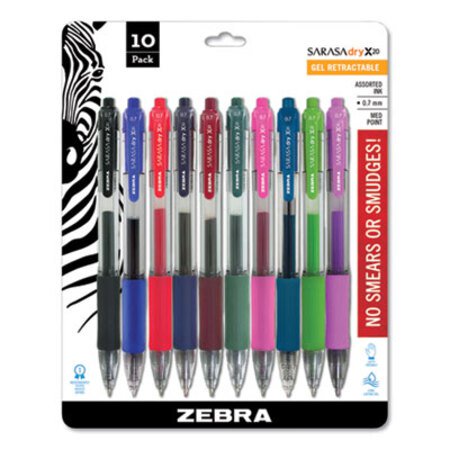 zebra® Sarasa Dry Gel X20 Gel Pen, Retractable, Medium 0.7 mm, Assorted Ink and Barrel Colors, 10/Pack - ST/1 - ZEB-46881-ST