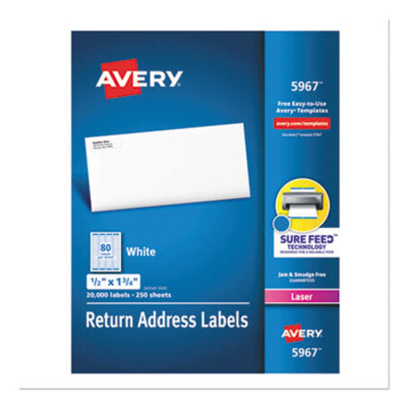 Avery® White Address Labels w/ Sure Feed Technology for Laser Printers, Laser Printers, 0.5 x 1.75, White, 80/Sheet, 250 Sheets/Box - Box of 1 - AVE-5967-BX