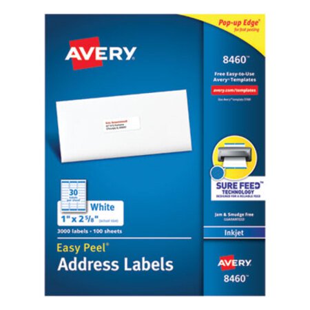 Avery® Easy Peel White Address Labels w/ Sure Feed Technology, Inkjet Printers, 1 x 2.63, White, 30/Sheet, 100 Sheets/Box - Box of 1 - AVE-8460-BX