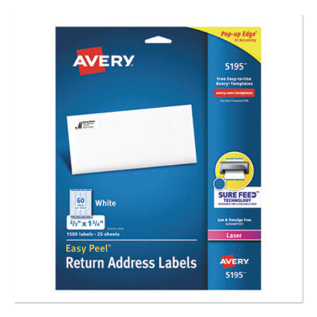 Avery® Easy Peel White Address Labels w/ Sure Feed Technology, Laser Printers, 0.66 x 1.75, White, 60/Sheet, 25 Sheets/Pack - Pack of 1 - AVE-5195-PK