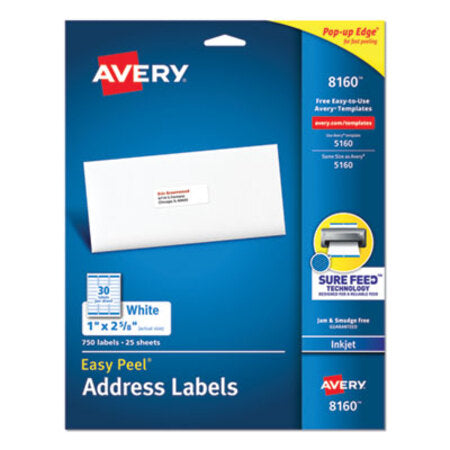 Avery® Easy Peel White Address Labels w/ Sure Feed Technology, Inkjet Printers, 1 x 2.63, White, 30/Sheet, 25 Sheets/Pack - Pack of 1 - AVE-8160-PK