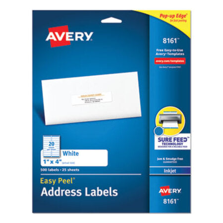 Avery® Easy Peel White Address Labels w/ Sure Feed Technology, Inkjet Printers, 1 x 4, White, 20/Sheet, 25 Sheets/Pack - Pack of 1 - AVE-8161-PK