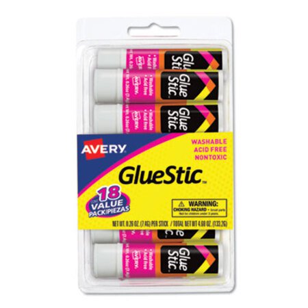 Avery® Permanent Glue Stic Value Pack, 0.26 oz, Applies White, Dries Clear, 18/Pack - Pack of 1 - AVE-98089-PK