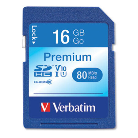 Verbatim® 16GB Premium SDHC Memory Card, UHS-I V10 U1 Class 10, Up to 80MB/s Read Speed - Each - VER-96808-EA