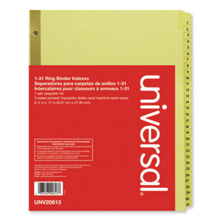 Universal® Deluxe Preprinted Plastic Coated Tab Dividers with Black Printing, 31-Tab, 1 to 31, 11 x 8.5, Buff, 1 Set - ST/1 - UNV-20813-ST