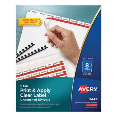 Avery® Print and Apply Index Maker Clear Label Unpunched Dividers, 8-Tab, 11 x 8.5, White, White Tabs, 25 Sets - Box of 1 - AVE-11444-BX