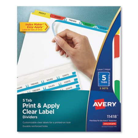 Avery® Print and Apply Index Maker Clear Label Dividers, 5-Tab, Color Tabs, 11 x 8.5, White, Traditional Color Tabs, 5 Sets - Pack of 1 - AVE-11418-PK