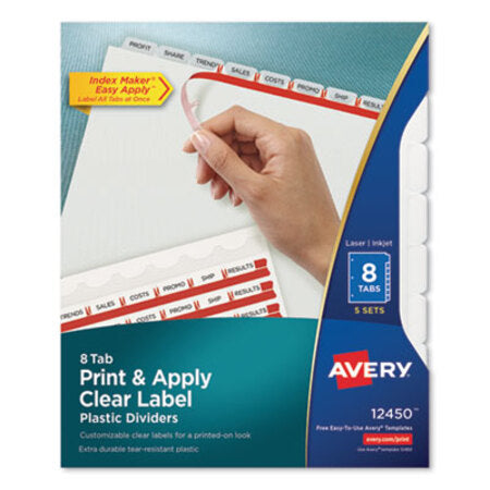 Avery® Print and Apply Index Maker Clear Label Plastic Dividers w/Printable Label Strip, 8-Tab, 11 x 8.5, Frosted Clear Tabs, 5 Sets - Pack of 1 - AVE-12450-PK