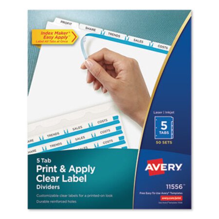 Avery® Print and Apply Index Maker Clear Label Dividers, 5-Tab, White Tabs, 11 x 8.5, White, 50 Sets - Box of 1 - AVE-11556-BX