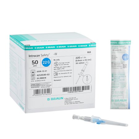 B. Braun Peripheral IV Catheter Introcan Safety® 22 Gauge 1 Inch Sliding Safety Needle - Box of 50 - 4253540-02-BX