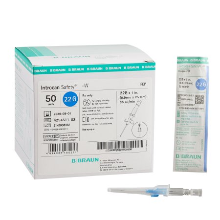 B. Braun Peripheral IV Catheter Introcan Safety® 22 Gauge 1 Inch Sliding Safety Needle - Each - 4254511-02-EA