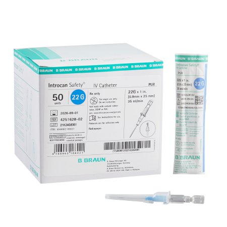 B. Braun Peripheral IV Catheter Introcan Safety® 22 Gauge 1 Inch Sliding Safety Needle - Case of 200 - 4251628-02-CS