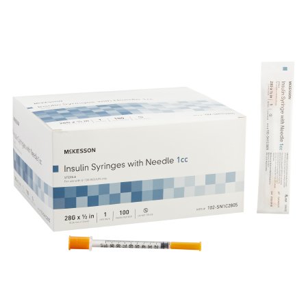 McKesson Standard Insulin Syringe with Needle McKesson 1 mL 1/2 Inch 28 Gauge NonSafety Regular Wall - Box of 100 - 102-SN1C2805-BX