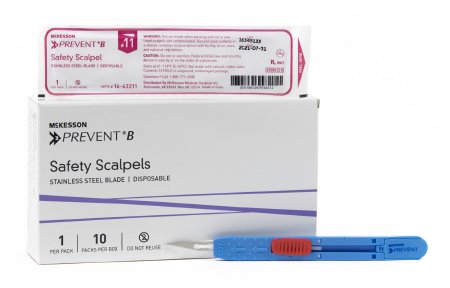 McKesson Safety Scalpel McKesson Prevent® B No. 11 Stainless Steel / Plastic Sensory Grip Handle Sterile Disposable - Box of 10 - 16-63211-BX