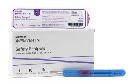 McKesson Safety Scalpel McKesson Prevent® B No. 15 Stainless Steel / Plastic Sensory Grip Handle Sterile Disposable - Pack of 1 - 16-63215-PK