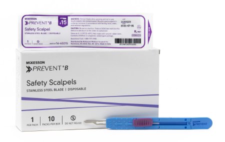 McKesson Safety Scalpel McKesson Prevent® B No. 15 Stainless Steel / Plastic Sensory Grip Handle Sterile Disposable - Box of 10 - 16-63215-BX