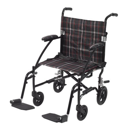 Drive Medical Transport Wheelchair drive™ Fly-Lite Aluminum Frame with Black Finish 300 lbs. Weight Capacity Full Length / Fixed Height / Padded Arm Black / White / Red Plaid Upholstery - Each - DFL19-BLK-EA