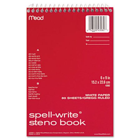 Mead® Spell-Write Wirebound Steno Pad, Gregg Rule, Randomly Assorted Cover Colors, 80 White 6 x 9 Sheets - Each - MEA-43082-EA