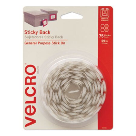Velcro® Brand Sticky-Back Fasteners, Removable Adhesive, 0.63" dia, White, 75/Pack - Pack of 1 - VEK-90090-PK