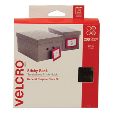 Velcro® Brand Sticky-Back Fasteners, Removable Adhesive, 0.75" dia, Black, 200/Box - Box of 1 - VEK-91823-BX