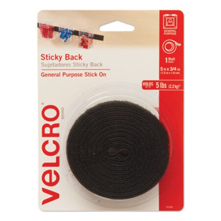 Velcro® Brand Sticky-Back Fasteners with Dispenser, Removable Adhesive, 0.75" x 5 ft, Black - Roll of 1 - VEK-90086-RL