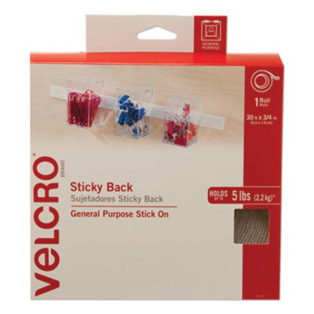 Velcro® Brand Sticky-Back Fasteners, Removable Adhesive, 0.75" x 30 ft, White - Roll of 1 - VEK-91138-RL