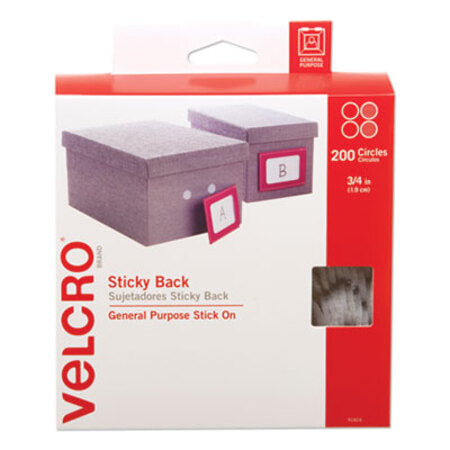 Velcro® Brand Sticky-Back Fasteners, Removable Adhesive, 0.75" dia, White, 200/Box - Box of 1 - VEK-91824-BX
