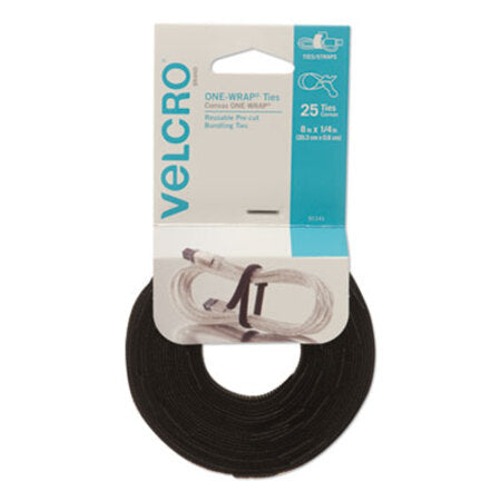Velcro® Brand ONE-WRAP Pre-Cut Thin Ties, 0.25" x 8", Black, 25/Pack - Pack of 1 - VEK-91141-PK