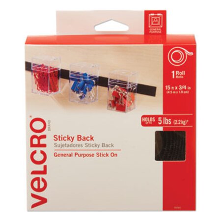 Velcro® Brand Sticky-Back Fasteners with Dispenser, Removable Adhesive, 0.75" x 15 ft, Black - Roll of 1 - VEK-90081-RL