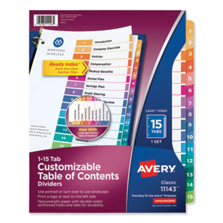Avery® Customizable TOC Ready Index Multicolor Tab Dividers, 15-Tab, 1 to 15, 11 x 8.5, White, Traditional Color Tabs, 1 Set - ST/1 - AVE-11143-ST