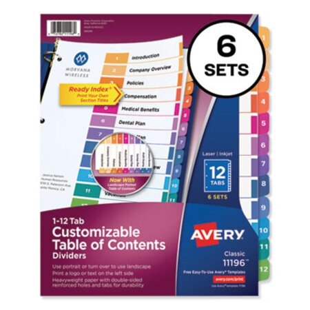 Avery® Customizable TOC Ready Index Multicolor Tab Dividers, 12-Tab, 1 to 12, 11 x 8.5, White, Traditional Color Tabs, 6 Sets - Pack of 1 - AVE-11196-PK
